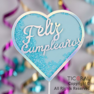 CAKE TOPPER CON CONFETTI CORAZON FELIZ CUMPLEA�OS CELESTE (U24-226)
